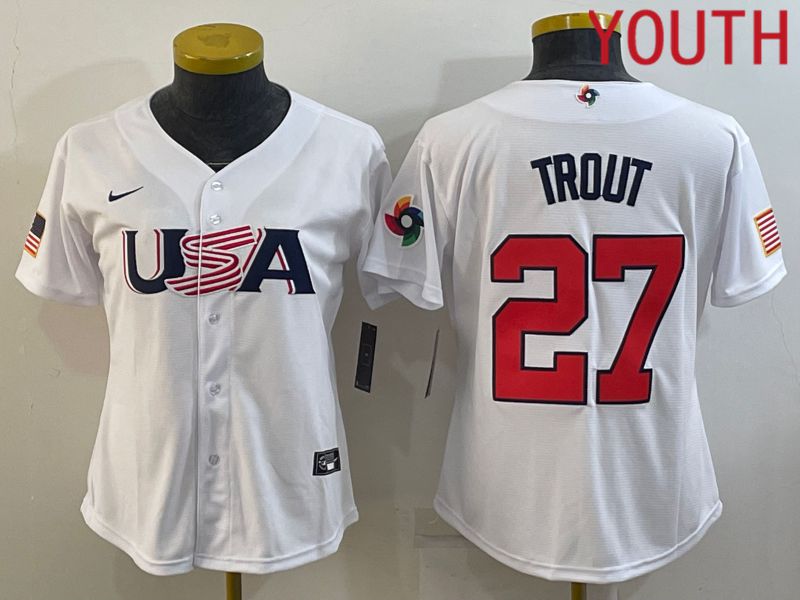 Youth 2023 World Cub USA #27 Trout White MLB Jersey7->youth mlb jersey->Youth Jersey